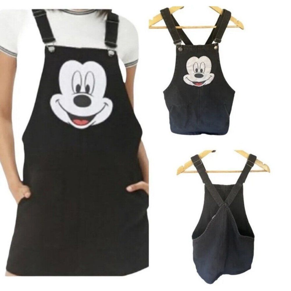 Disney Mickey Mouse Black Denim Overall Jumper Dress Skirt woman’s Small Y2K.  V